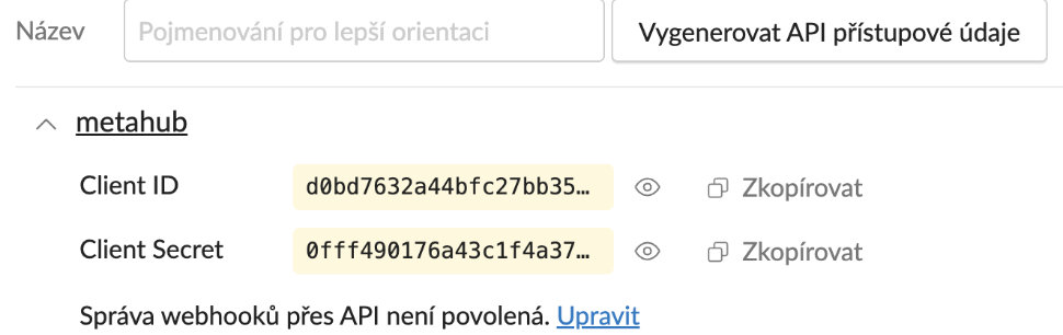 Vygenerované Client ID a Client Secret